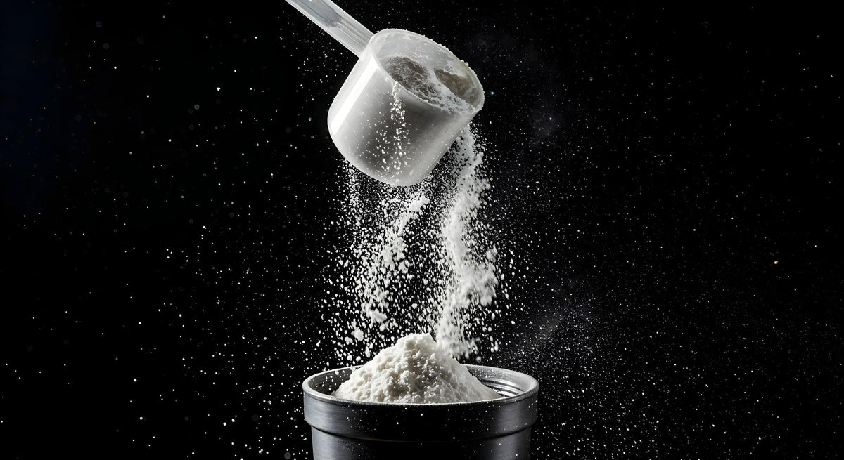 Kreatin monohydrat pulver som hälls i en shaker