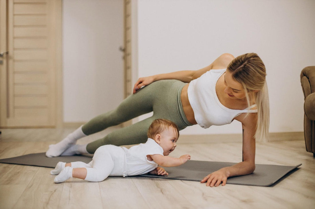 Woman training with small child