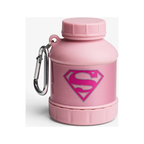 Whey2Go-tratt i rosa med lock och karbinhake, Supergirl-emblem framtill.