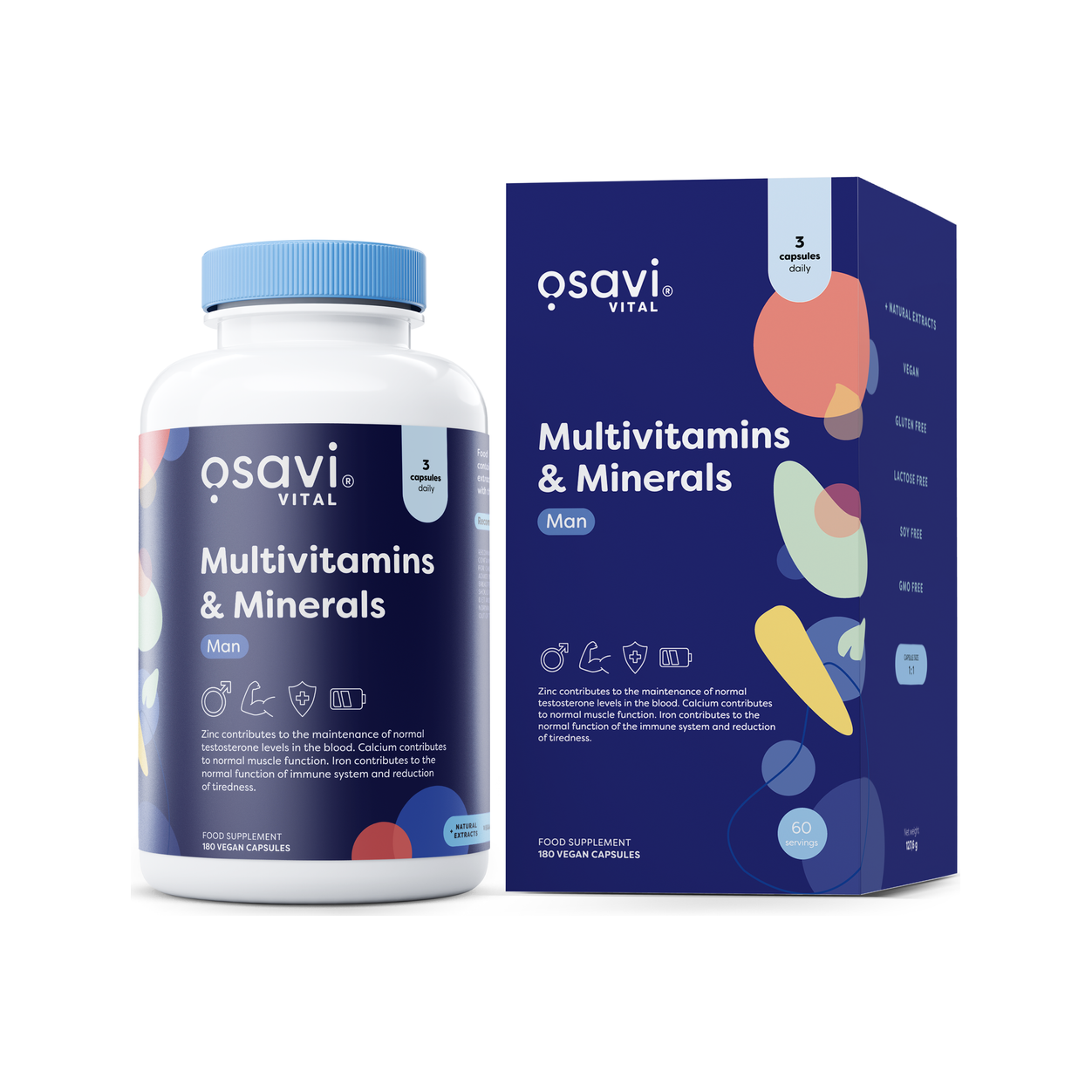 Osavi multivitaminer och mineraler för män, 180 kapslar: burk och kartong.