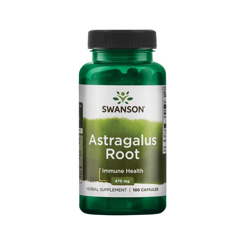 Swanson Astragalus Root kosttillskott i grön flaska med kapslar