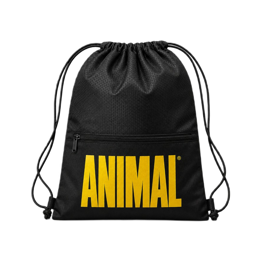 Svart gympapåse med dragsko och frontficka, gul Animal-logga.