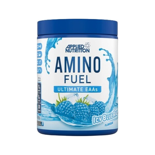Aminofuel-burk med blått lock och etikett för Icy Blue Raz.