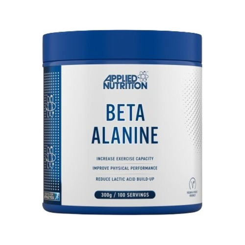 Kosttillskott i blåvit burk med texten "BETA ALANINE".