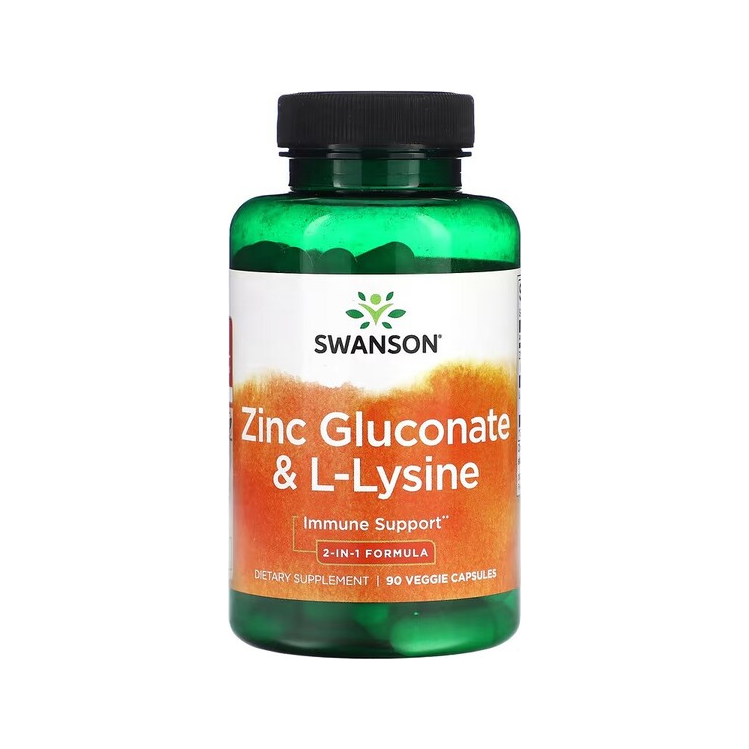 Swanson kapseltillskott i grön flaska med svart lock, etikett Zinc Gluconate & L-Lysine