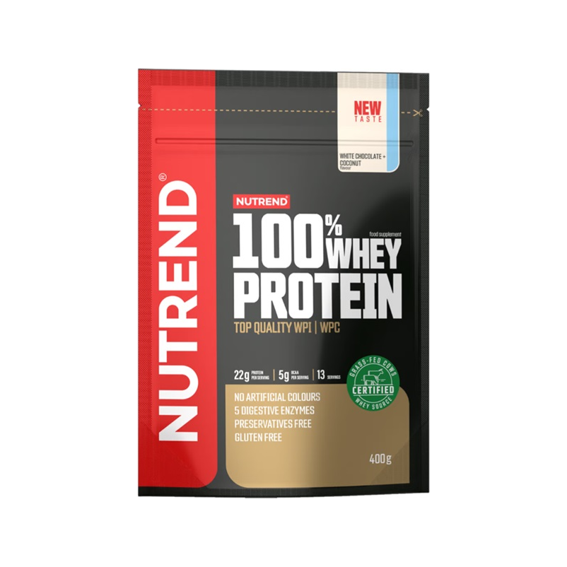 Whey-proteinpulver, vit choklad & kokos, 400 g, Nutrend-förpackning
