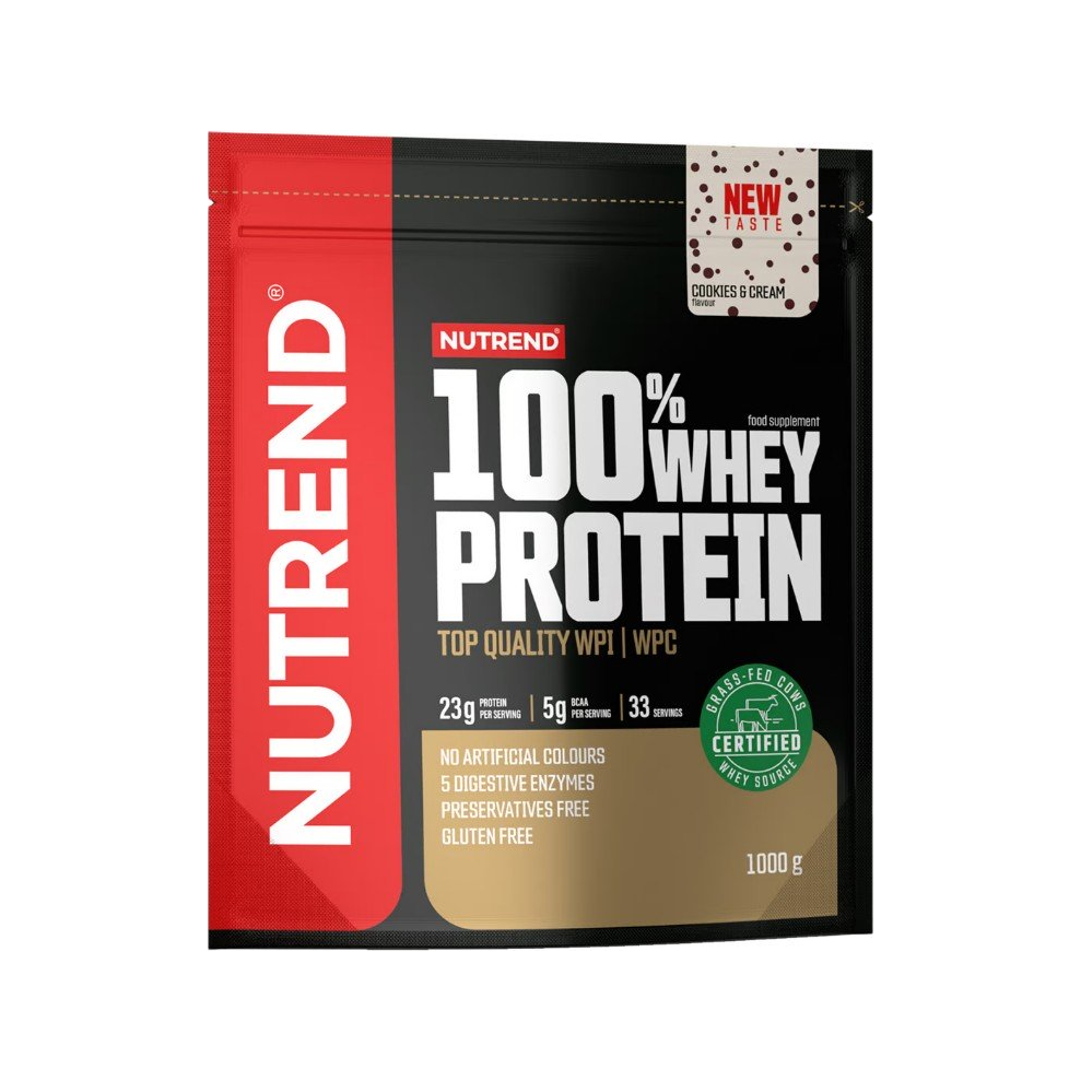Vassleproteinpulver med cookies & cream, 1000 g, förpackning