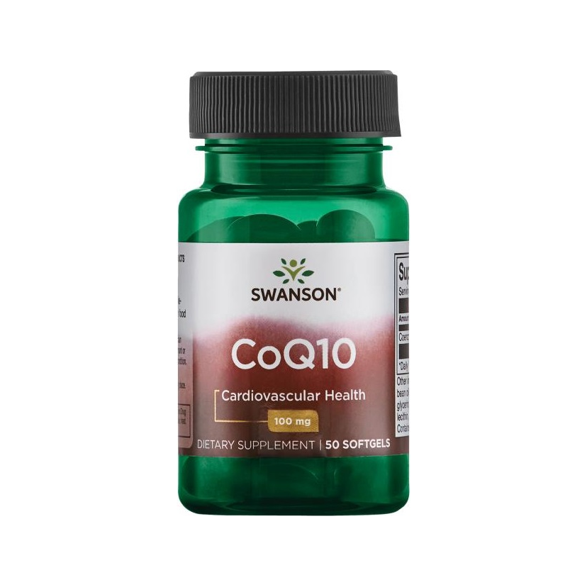 Swanson CoQ10 100 mg kapslar i grön flaska med svart skruvlock, 50 mjukgeler