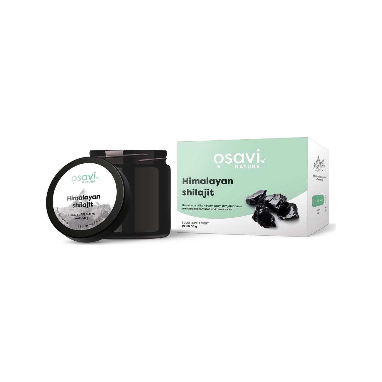 Osavi Himalayansk shilajit 50 g förpackning och burk