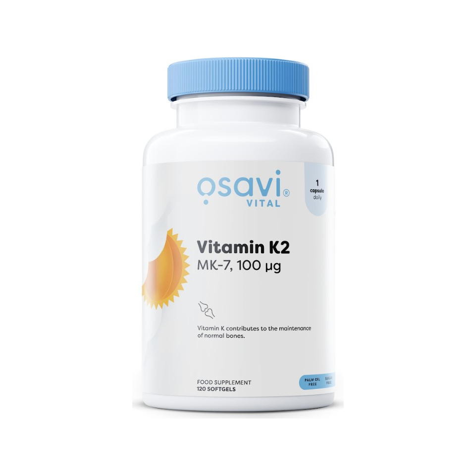 Vitamin K2 MK-7 100 µg i kapselflaska med blått lock.