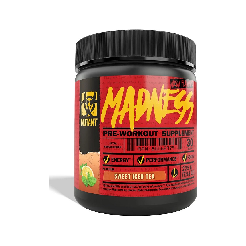 Mutant Madness pre-workout, burk med Sweet Iced Tea-smak och röd gul etikett.