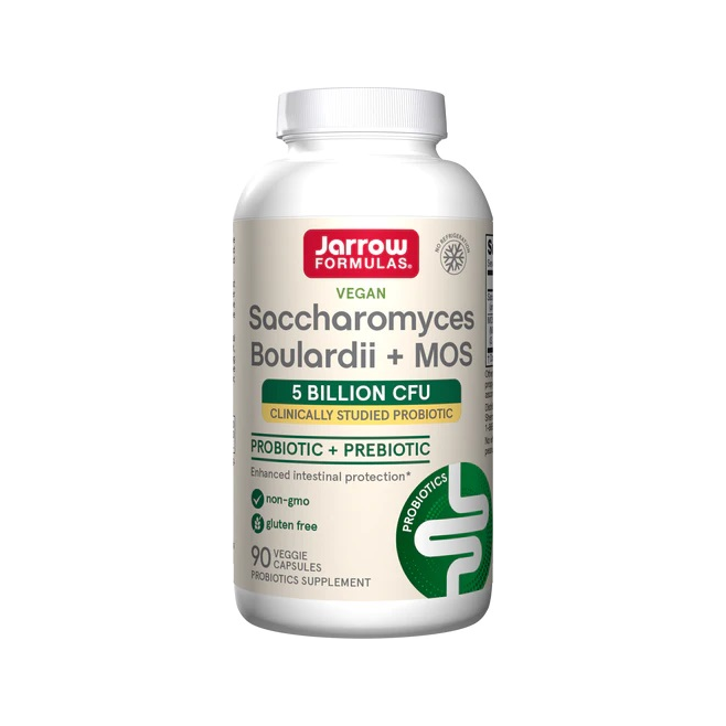 Jarrow Formulas kapselburk med Saccharomyces Boulardii + MOS, vit flaska och vitt lock