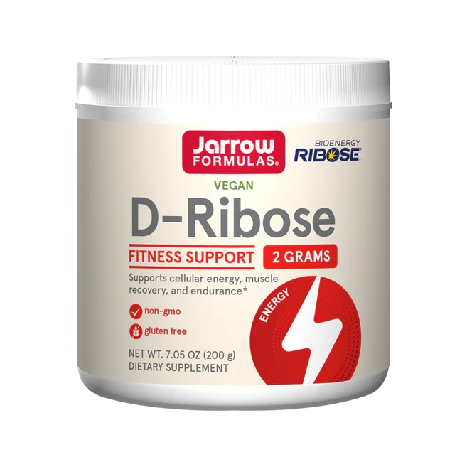 Kosttillskott i burk med etikett för D-Ribose-pulver, 200 g