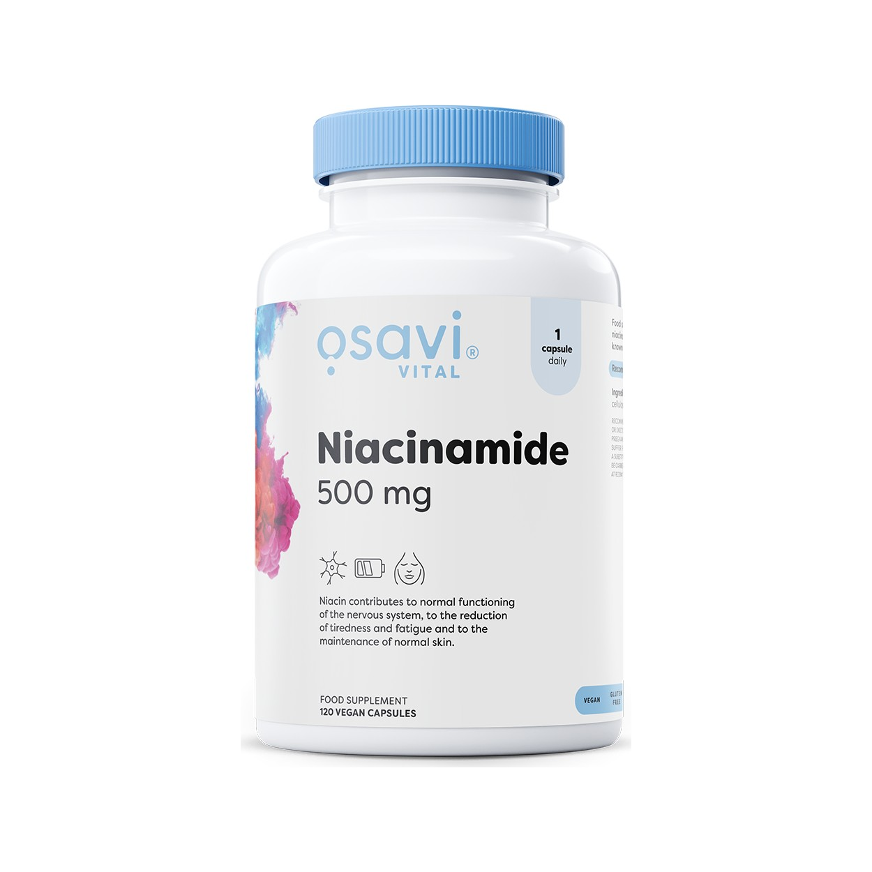 Osavi niacinamid 500 mg kapseltillskott i vit burk med blå lock