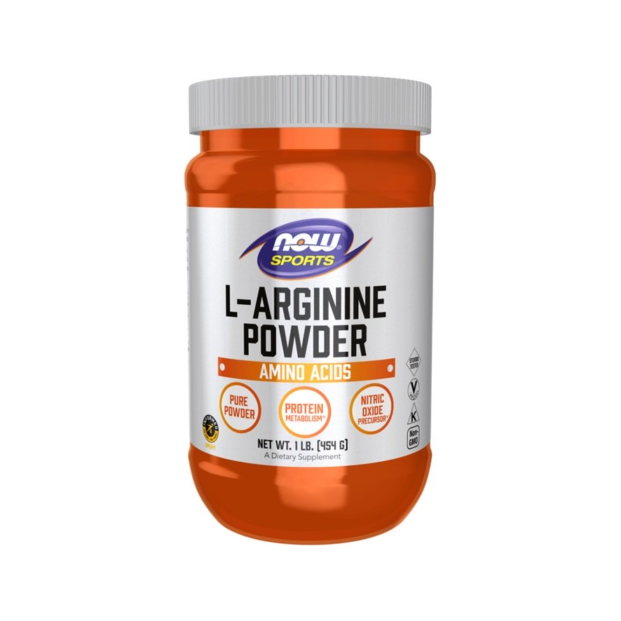 NOW Foods L-argininpulver i orange burk med lock, 454 g.