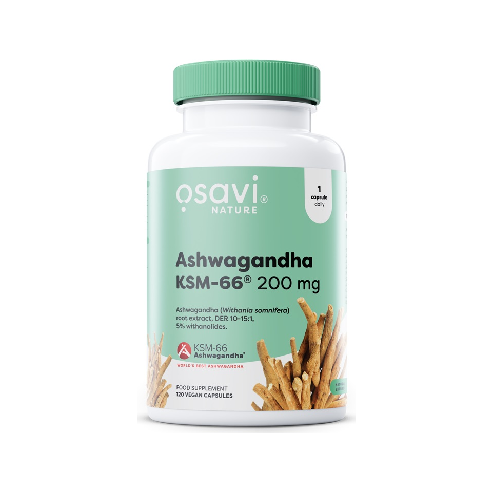 Osavi Ashwagandha KSM-66 200 mg kosttillskott i kapselflaska, 120 kapslar