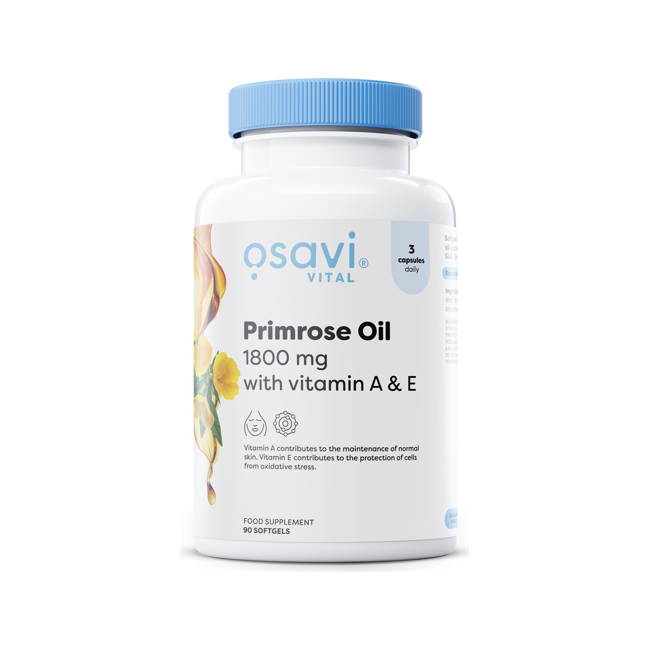 Osavi primrosolja med vitamin A och E, 1800 mg, i vit flaska med blå lock.