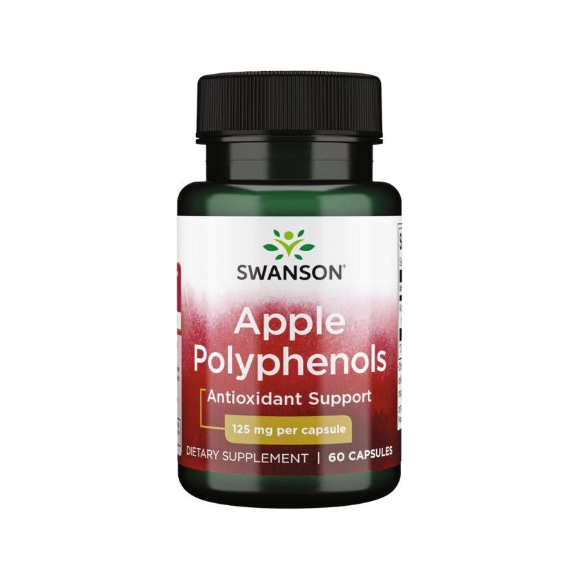 Swanson Apple Polyphenols kapseltillskott i flaska, svart lock och etikett