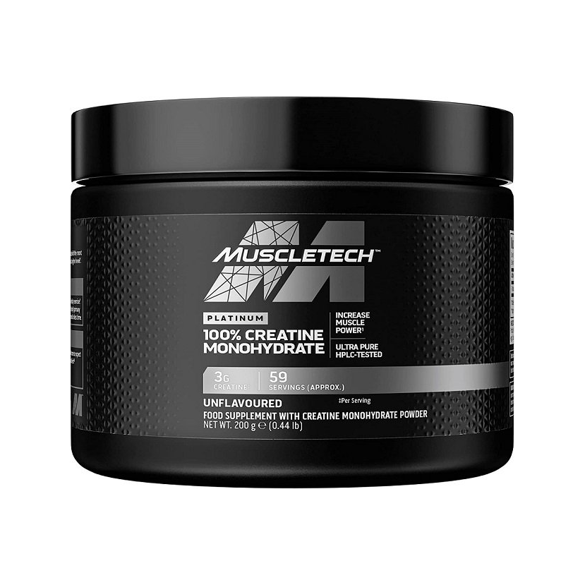 Creatinetillskott i svart burk, MuscleTech Platinum 100% kreatinmonohydrat 200 g