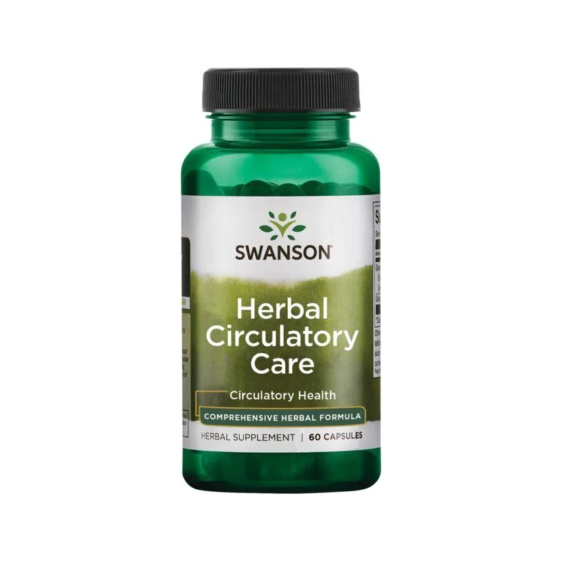Kapseltillskott i grön plastflaska med etikett SWANSON Herbal Circulatory Care