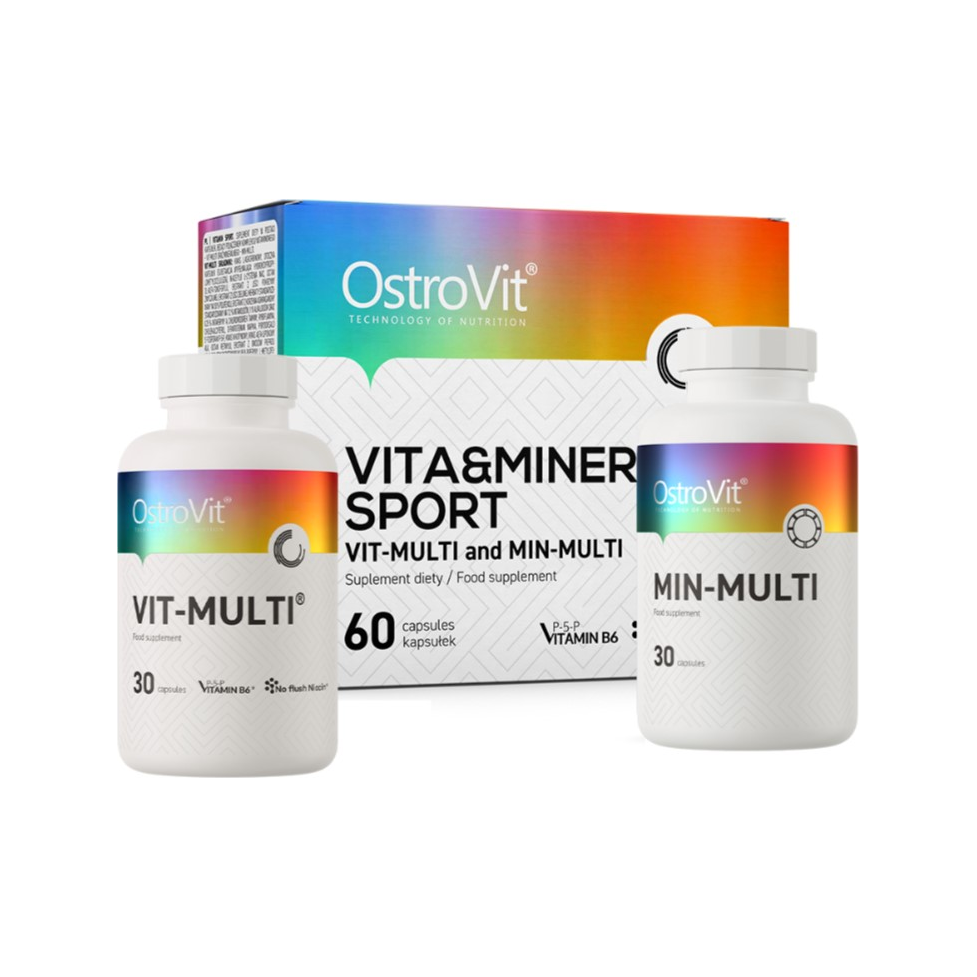 OstroVit Vita&Minerals Sport: tre kapselburkar med lock, vit förpackning