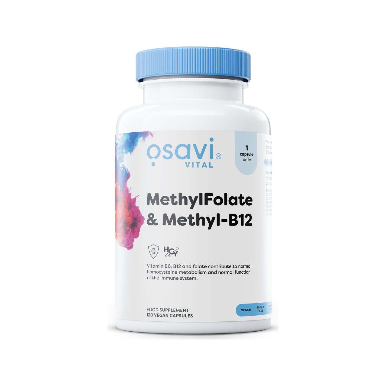Kapseltillskott-flaska Osavi Vital med blå lock och etikett för MethylFolate & B12