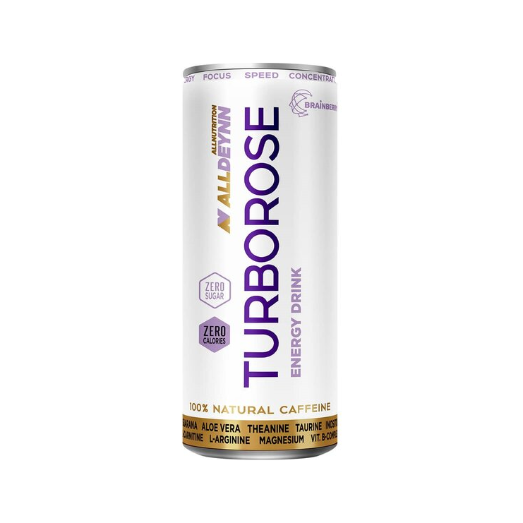 Energidryck på burk med vit etikett, Turborose och texten BRAINROSE