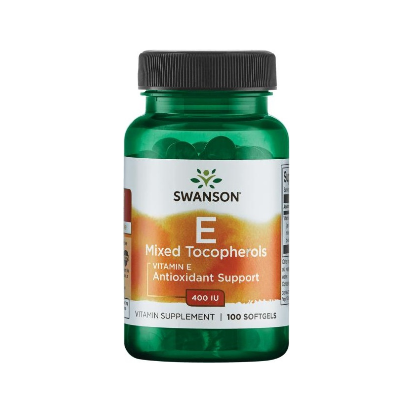 Swanson vitamin E blandade tokoferoler 400 IU, kapslar i grön flaska