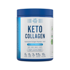 Keto-kollagenpulver i vit burk med blå lock, "Unflavoured" syns