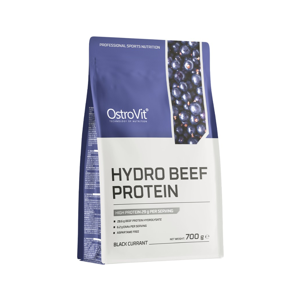 Proteinpulverpåse OstroVit hydro beef-protein 700 g, svartvinbär, blå/vit