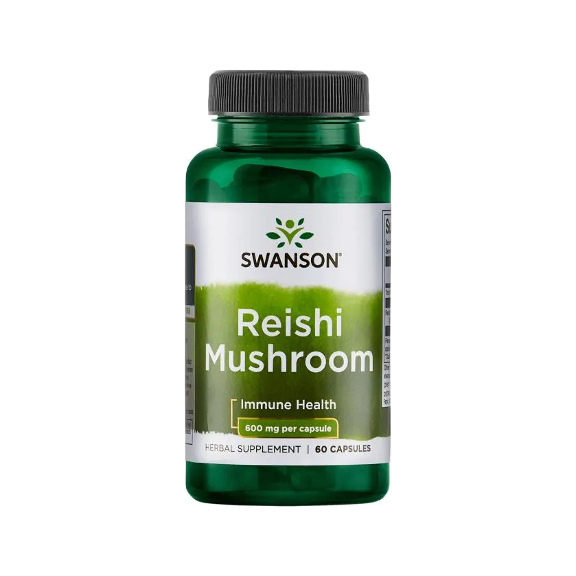 Swanson reishi-mushroom kosttillskott i grön flaska, 60 kapslar