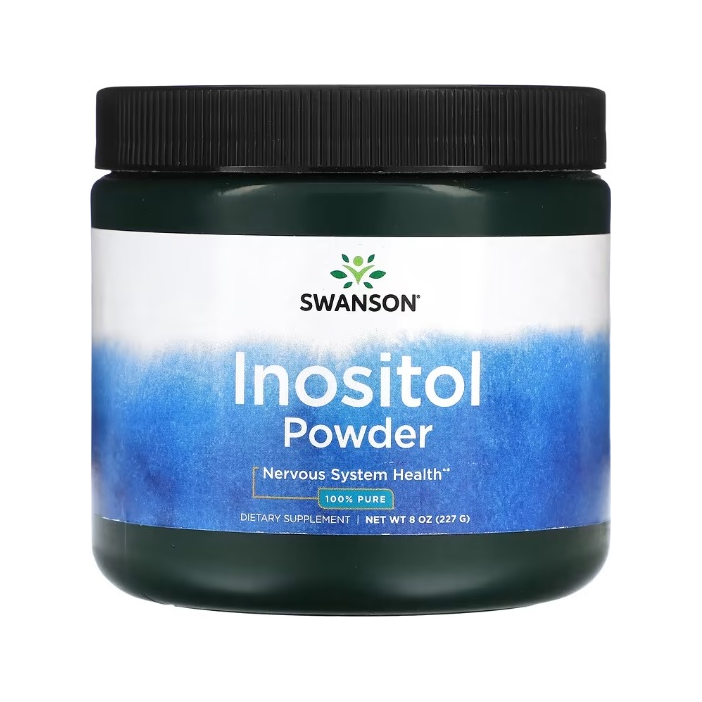 Inositolpulver i burk med svart lock, etikett i blått och grönt, 227 g