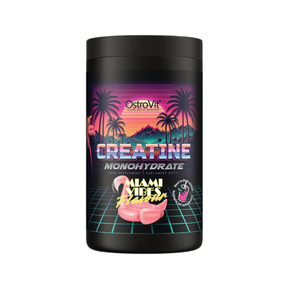 OstroVit kreatinmonohydrat, svart burk med Miami Vibes-smak