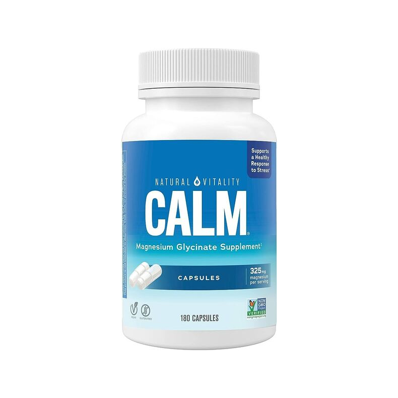 Natural Vitality Calm magnesiumglycinat, kapseltillskott i vit flaska med blå etikett