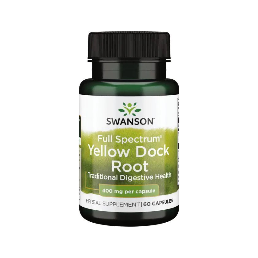 Swanson kapseltillskott Yellow Dock Root i mörk flaska med svart lock