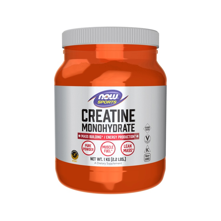 Creatinmonohydrat-pulver i orange burk med NOW Sports-etikett, 1 kg