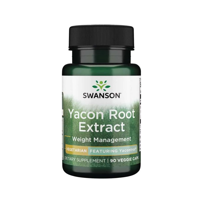 Swanson yaconrot-extrakt i kapselburk med grön etikett