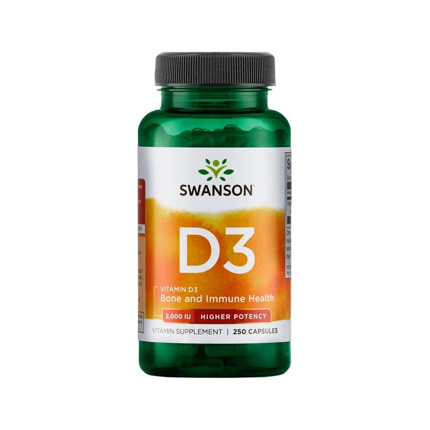 Swanson D3-vitamintillskott 2000 IU, 250 kapslar i grön flaska