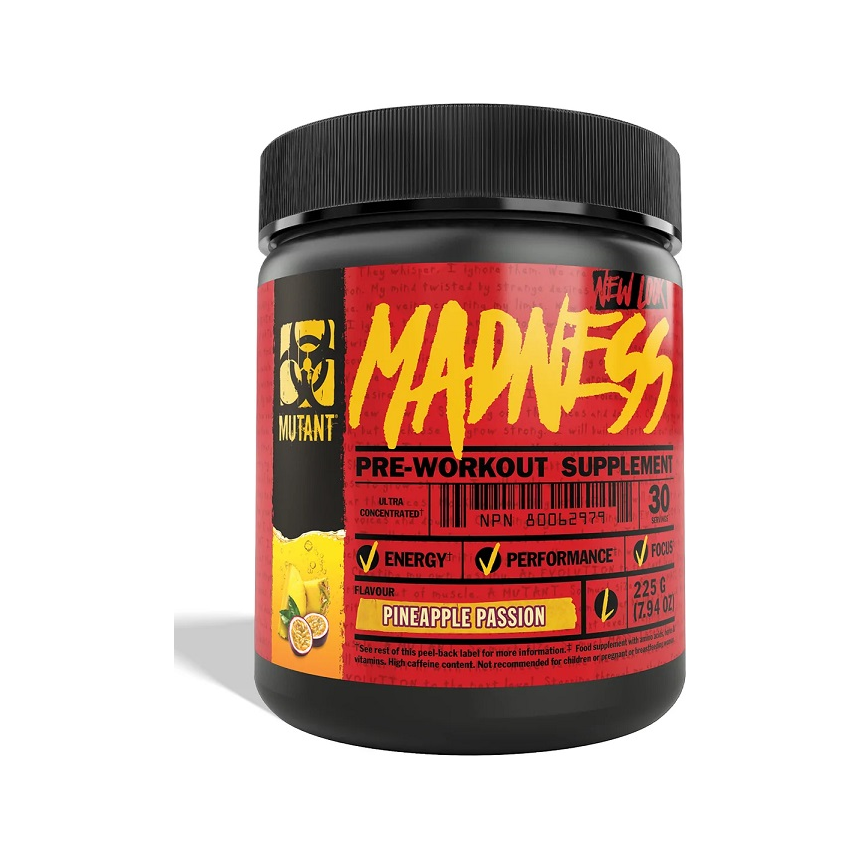 Mutant Madness pre-workout, burk med Pineapple Passion-smak och röd gul etikett.