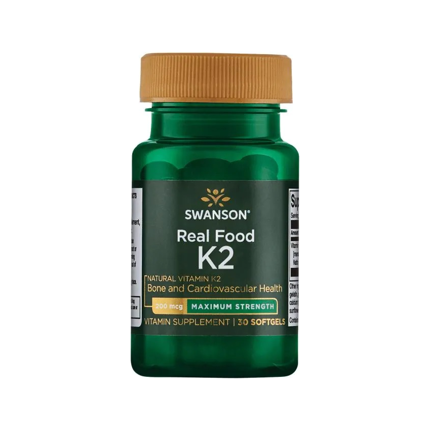 Vitamin K2-tillskott i grön glasflaska med guldfärgat lock, 30 kapslar.