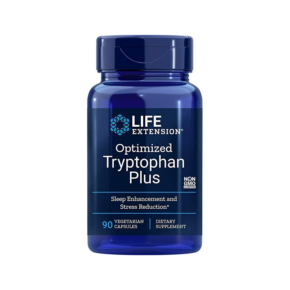 Kapselburk med blått lock och etikett för Optimized Tryptophan Plus (90 kapslar)