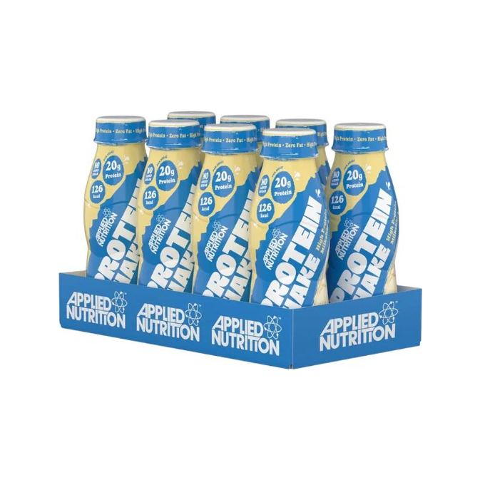 Applied Nutrition high protein-shake, 8-pack, gula och blå flaskor i blå kartong