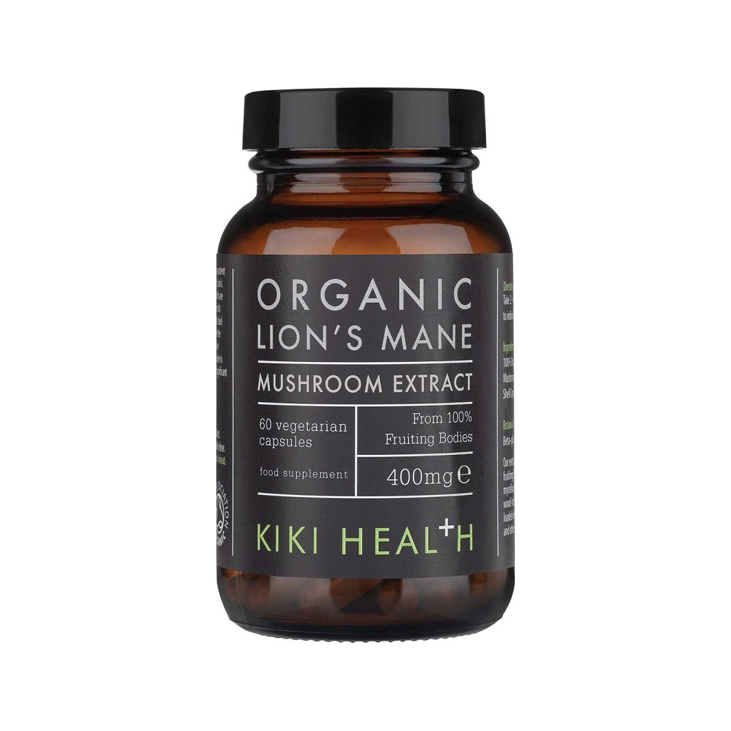 Kapseltillskott KIKI Health Organic Lion's Mane svampextrakt 400 mg i bärnstensflaska
