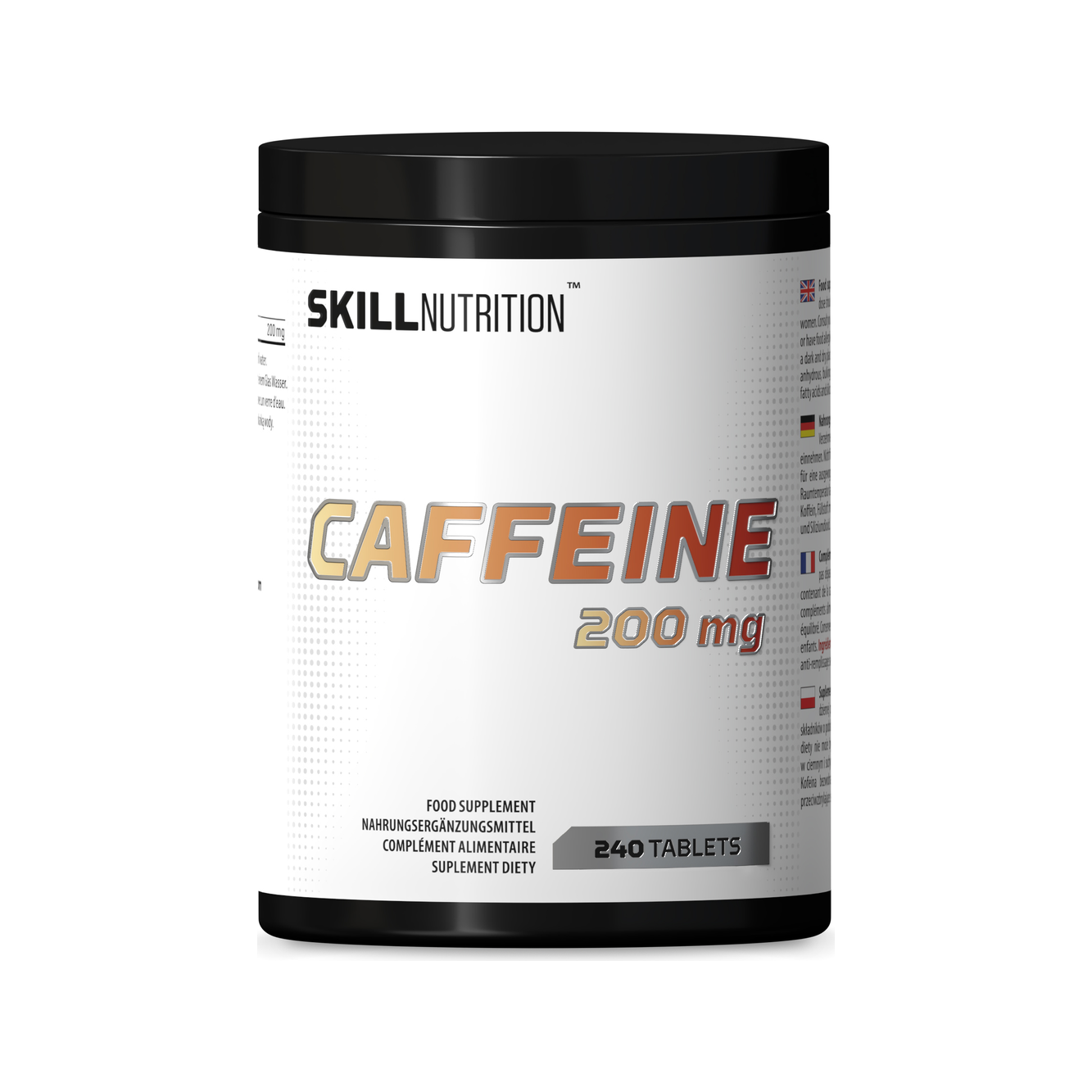 Koffeintillskott i burk med etikett: Caffeine 200 mg, 240 tabletter