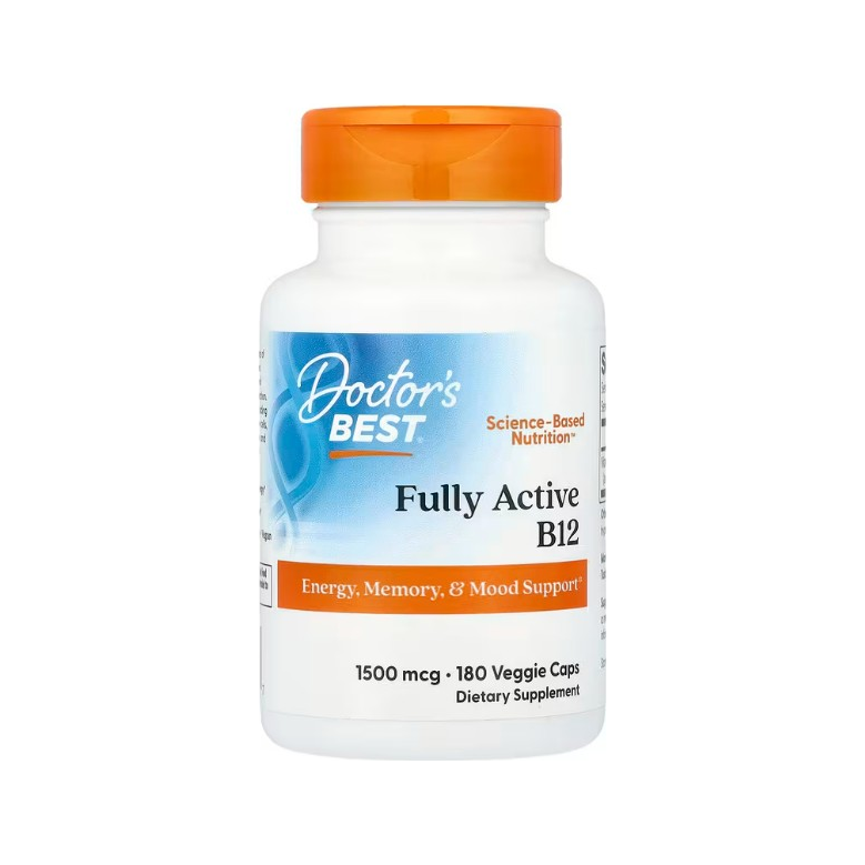Kapseltillskott i plastflaska med orange lock, Doctor's BEST B12-etikett