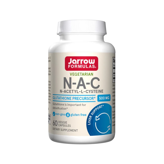 Jarrow Formulas N-A-C 500 mg kapseltillskott i plastflaska med etikett