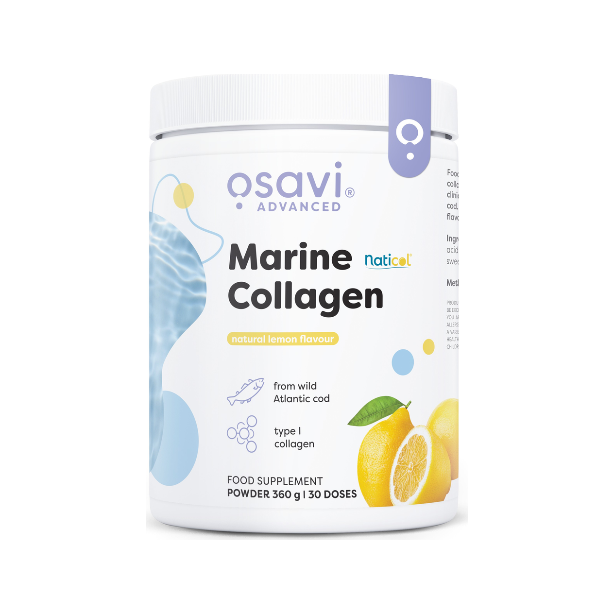 Osavi marine kollagentillskott i vit burk med citronsmaketikett