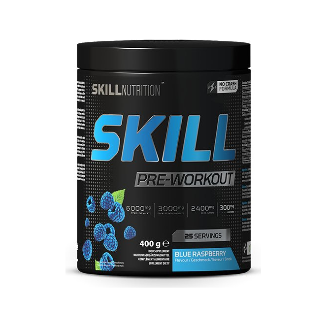 SKILL Pre-Workout-burk med blå hallon, 400 g (25 portioner)