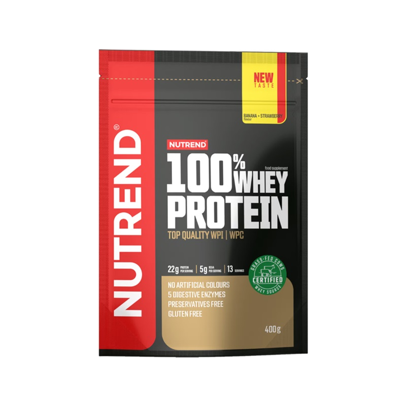 Whey-proteinpulver, banan & jordgubb, 400 g, Nutrend-förpackning