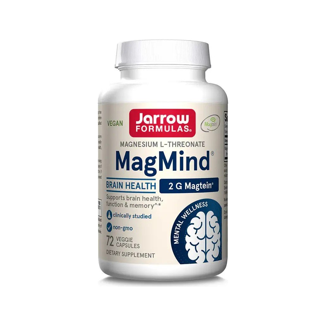 Vit tillskottsflaska med Jarrow Formulas MagMind-etikett, 72 kapslar
